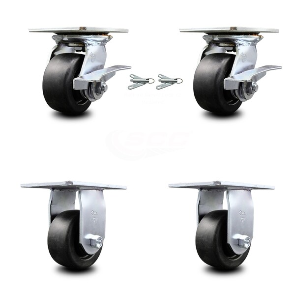 4 Inch Polyolefin Caster Brakes/Swivel Locks and 2 Rigid, 2PK